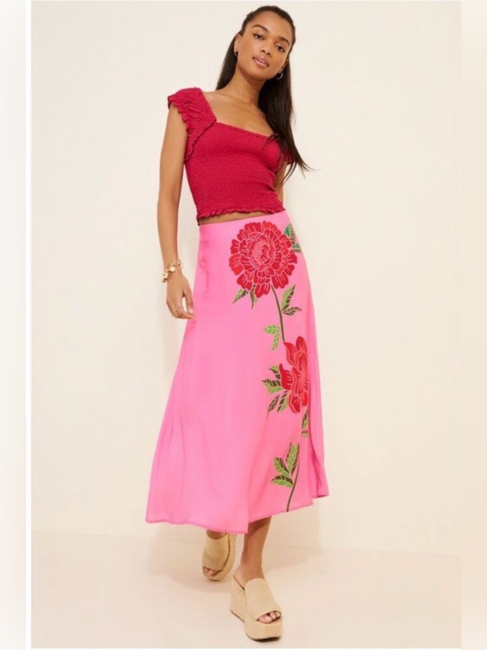 Farm Rio Rose Motif Maxi Skirt L